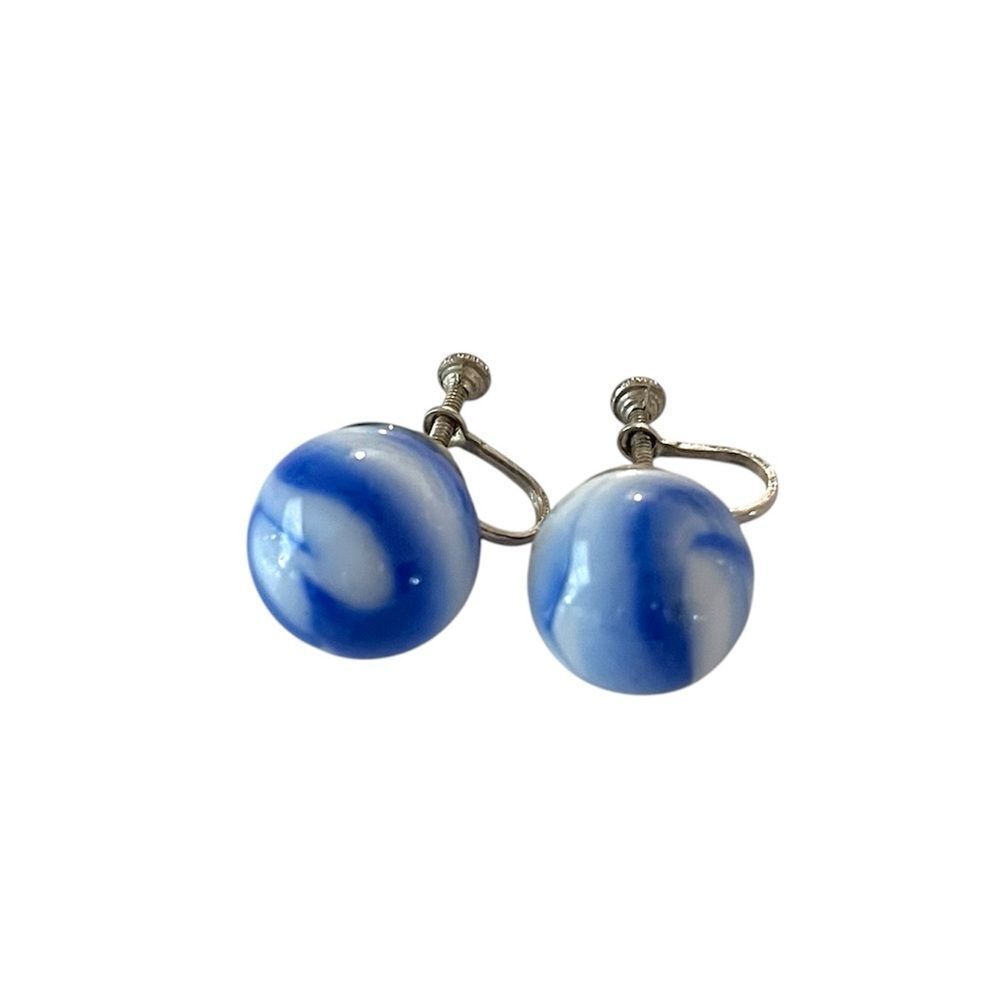 Vintage Blue & White Marble Screwback Earrings